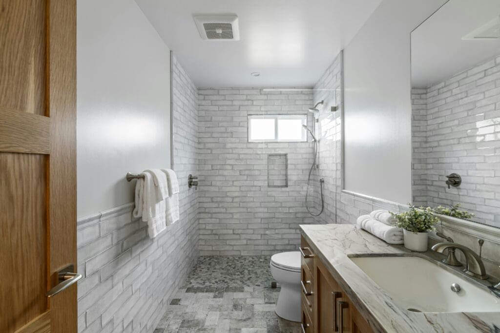Modern full bathroom remodeling with custom tile walk in shower, and updated fixtures