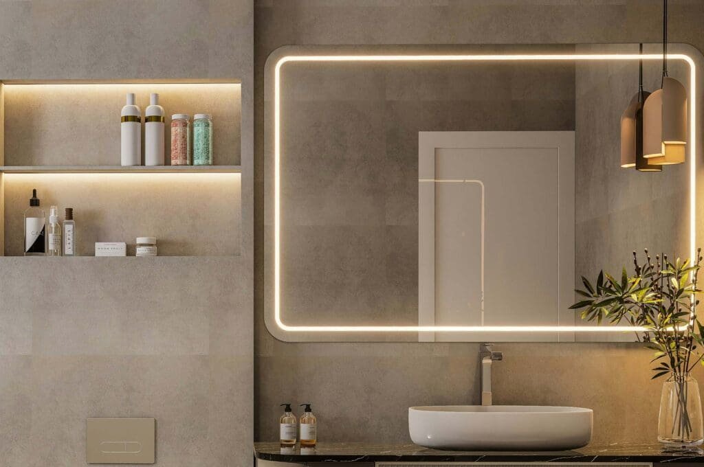 Brightly lit walk-in shower with recessed lighting for safety