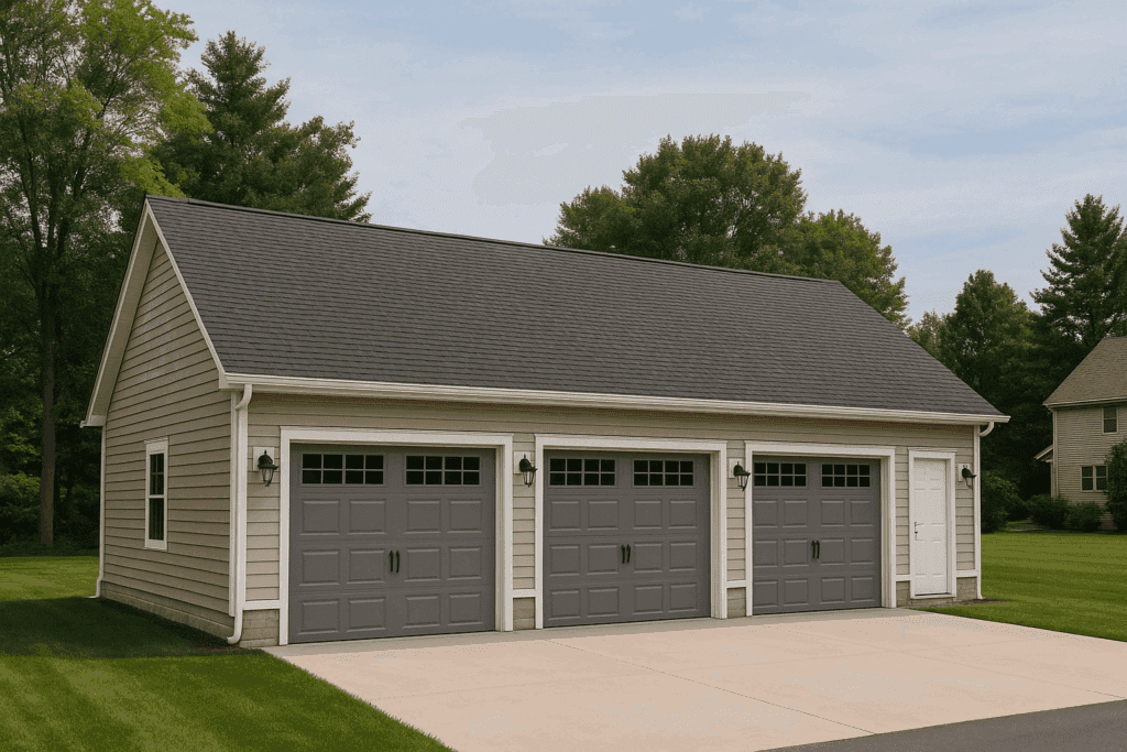 Newly built three-car garage with beige siding, gray doors, and landscaped driveway in Terre Haute, Indiana, constructed by local garage builders.