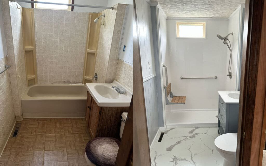 Before-and-after of tub-to-shower conversion in Terre Haute: old alcove tub replaced by low-threshold walk-in shower