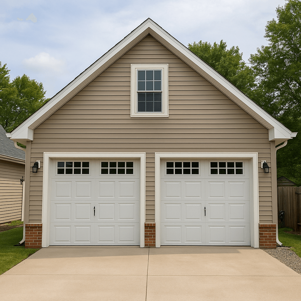 Newly built two-car detached garage with vinyl siding, white doors, and loft window in Terre Haute, Indiana, constructed by local garage builders.