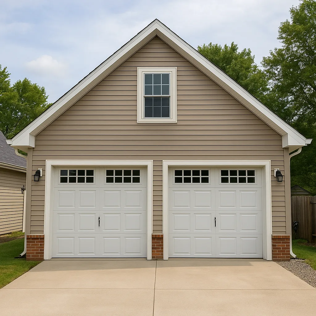 Newly built two-car detached garage with vinyl siding, white doors, and loft window in Terre Haute, Indiana, constructed by local garage builders.