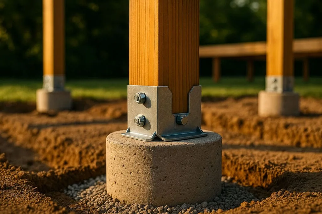 Pressure-treated 6x6 wood post anchored to a round concrete deck footing on compacted gravel with a galvanized post base in Terre Haute, IN