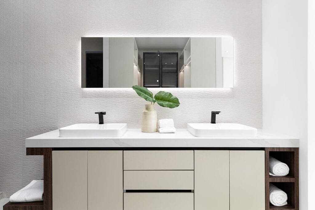 Bathroom vanity installation with quartz top and undermount sink in Terre Haute, Indiana