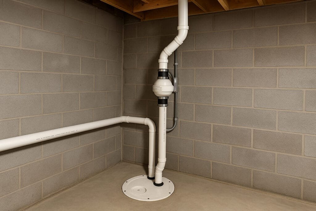 radon mitigation system in a Terre Haute basement with sealed sump lid, separate sump discharge pipe, and white PVC vent pipe venting through the ceiling