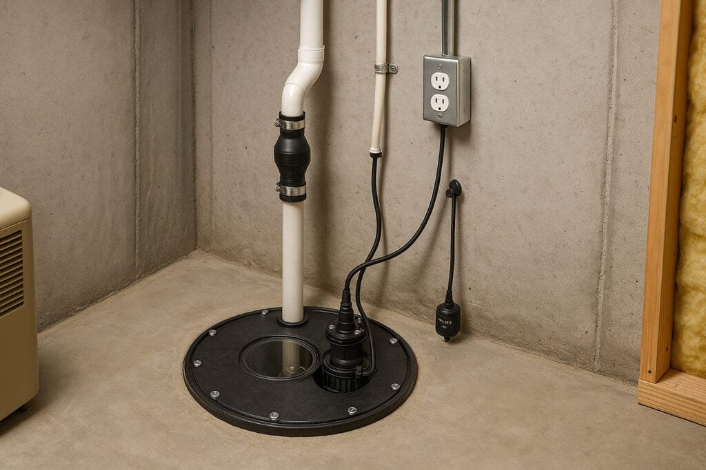Sealed sump basin with cast-iron sump pump and vertical discharge with a quiet check valve in a Terre Haute basement