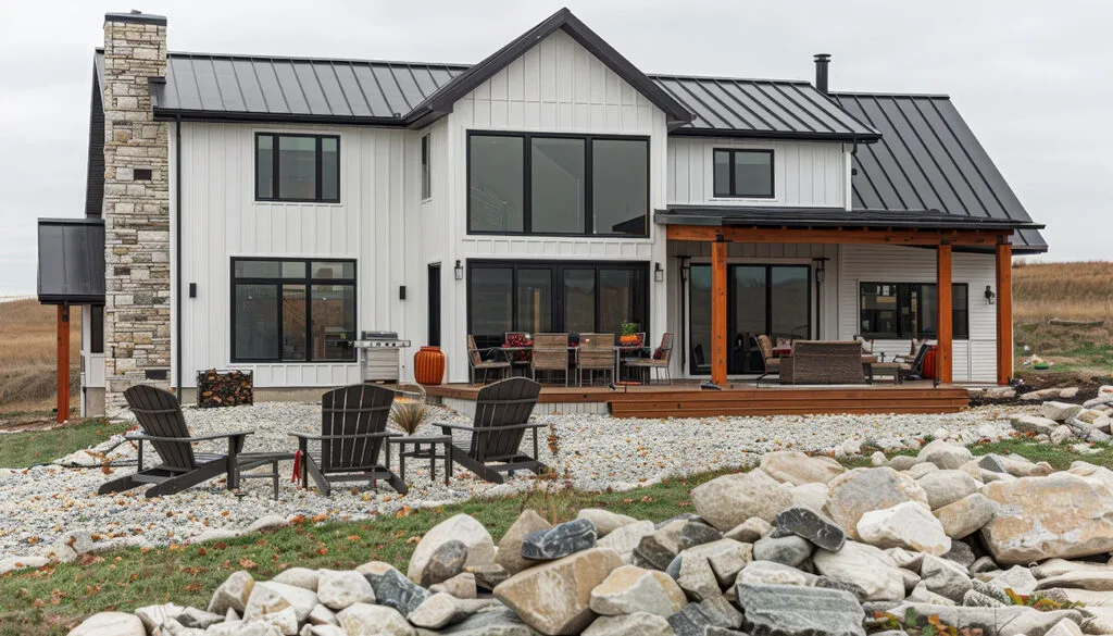 Modern farmhouse home in Terre Haute with white board and batten siding, dark trim, and clean front porch.