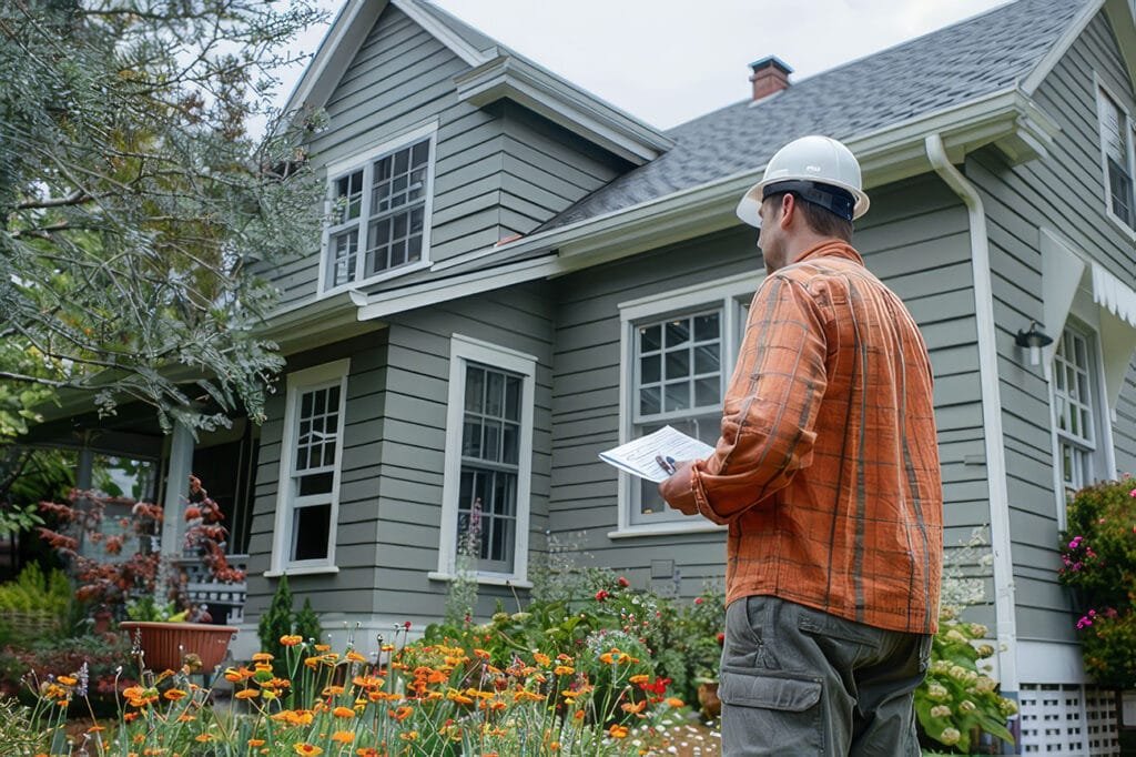 Homeowner inspecting exterior siding on a Terre Haute house during annual maintenance check