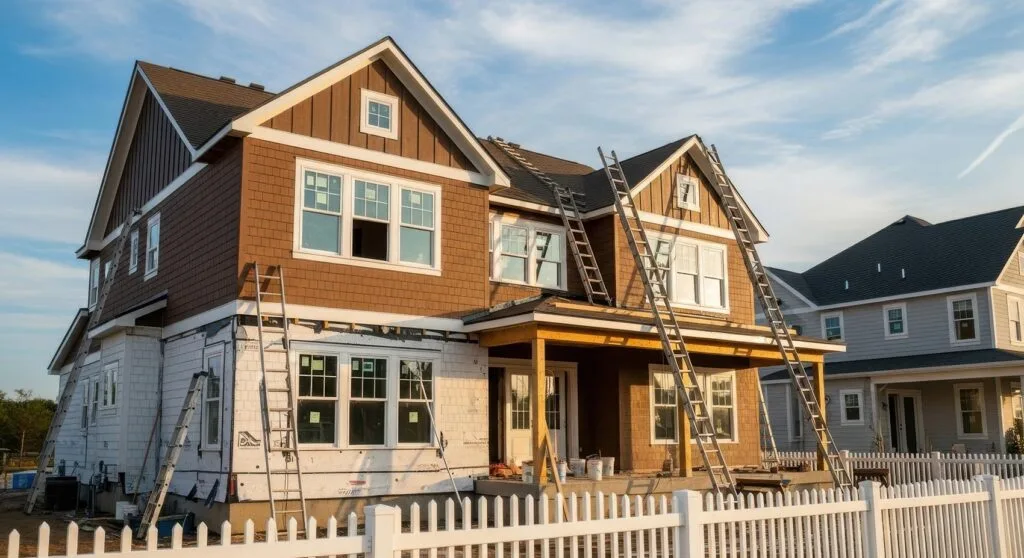 New home framing in Indiana showing structural details that impact total build cost, including layout complexity and material choices