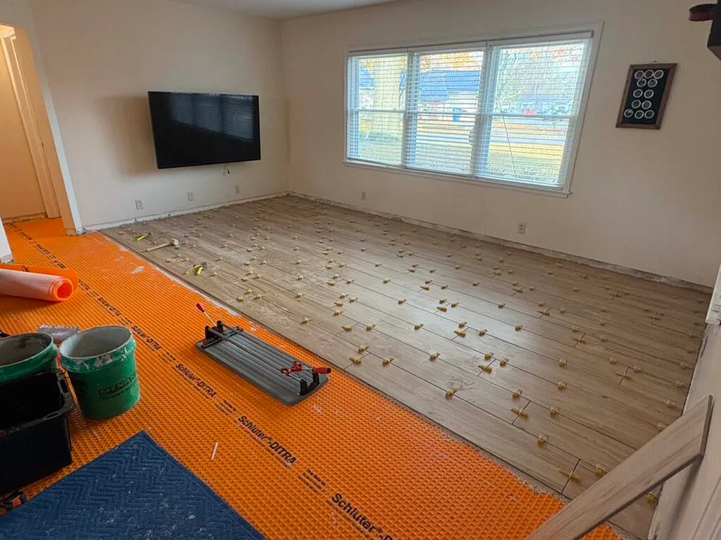 Living room half way through tiling