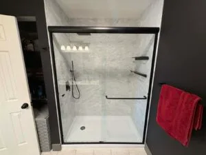 Front finished view of Swanstone Shower Remodel In Terre Haute After
